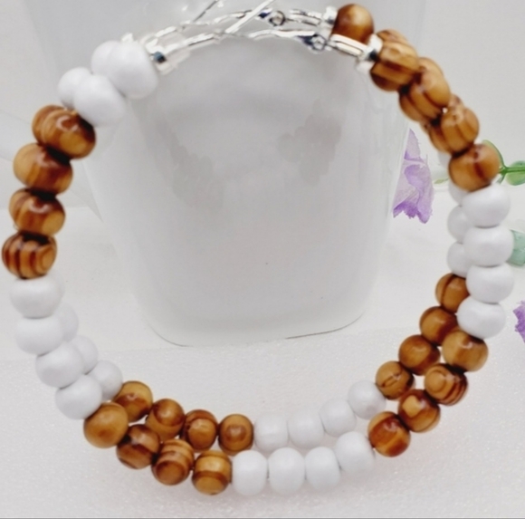 Large Hoop Earrings with Wooden Beads, Large Hoop Earrings 6.5 Cm - Picture 9 of 9